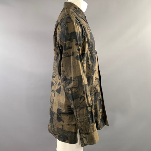 ZIGGY CHEN Size 40 Black Khaki Graphic Cotton Button Up Long Sleeve Shirt
