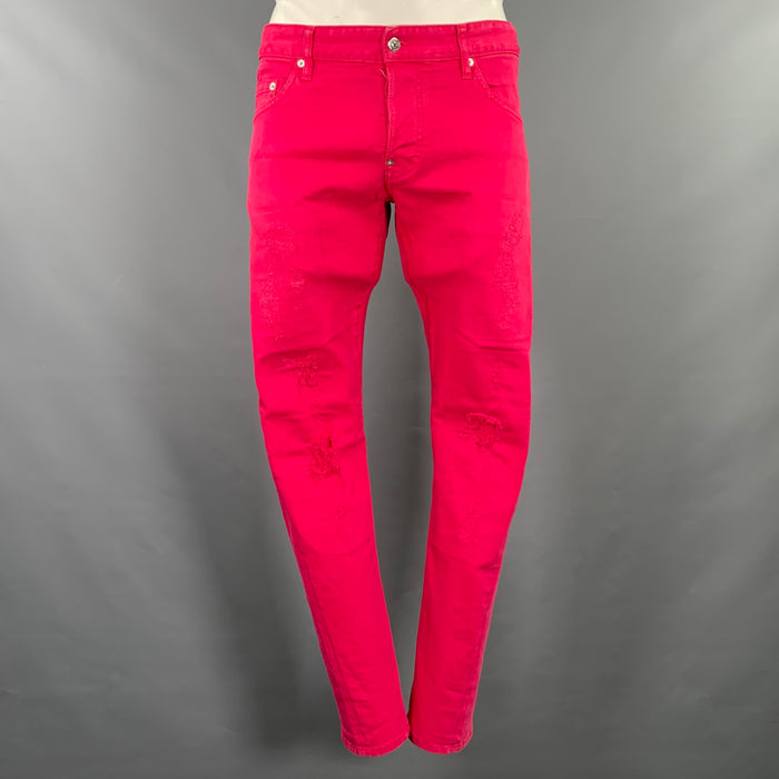 DSQUARED2 Size 34 Pink Fuchsia Distressed Cotton Blend Button Fly Jeans