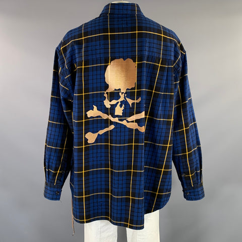 MASTERMIND JAPAN Size XL Navy Black & Yellow Plaid Cotton Long Sleeve Shirt