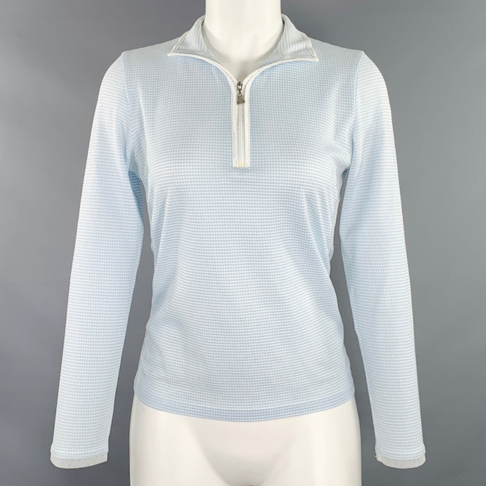 LANVIN Size 6 White Light Blue Cotton Blend Waffle Knit 1/4 Zip Casual Top