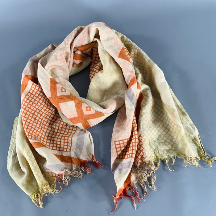 DRIES VAN NOTEN Beige Green Red Abstract Silk Cotton Scarf