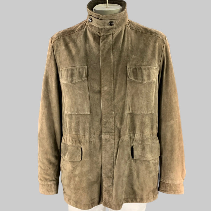 LORO PIANA Traveler Size XXL Khaki Solid Suede Field Jacket