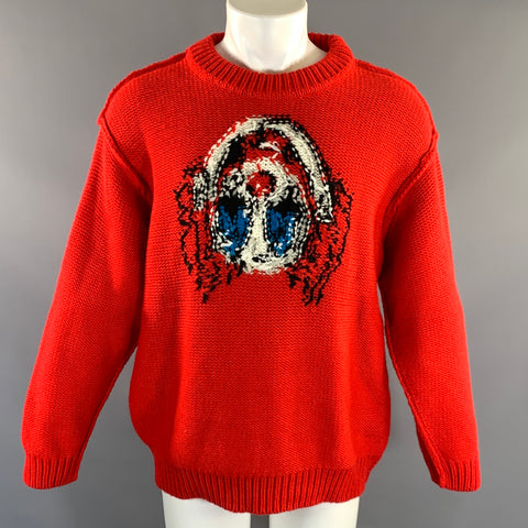 DOUBLET Size M Red Black & White Knitted Wool & Acrylic Crew Neck Sweater