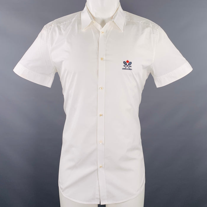 DSQUARED2 Size M White Navy Embroidery Cotton Short Sleeve Shirt