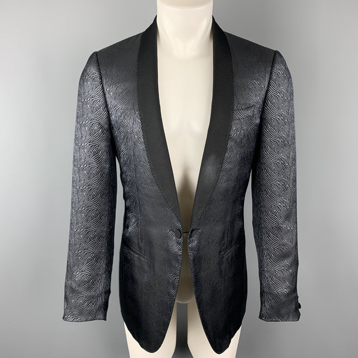 LANVIN Size 40 Black & Blue Silk Shawl Collar Sport Coat
