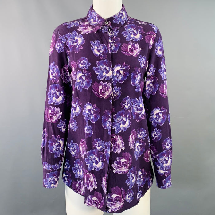 SALVATORE FERRAGAMO Size 6 Purple White Crepe Floral Hidden Buttons Shirt