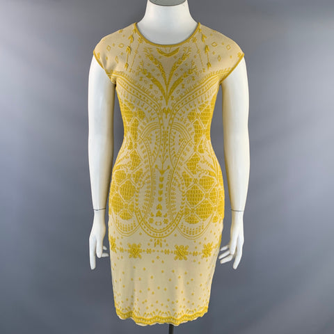 AZADEH Size L Yellow Viscose Blend Geometric Knee Length Dress