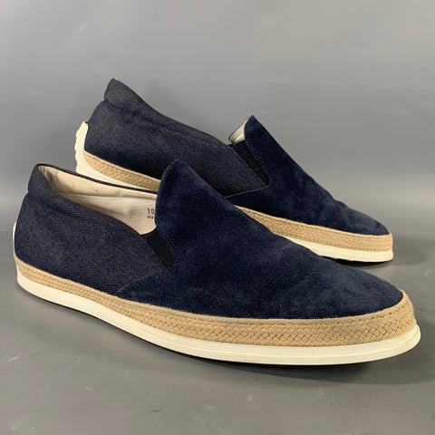 TOD'S Size 10.5 Navy Textured Suede & Canvas Slip On Loafers