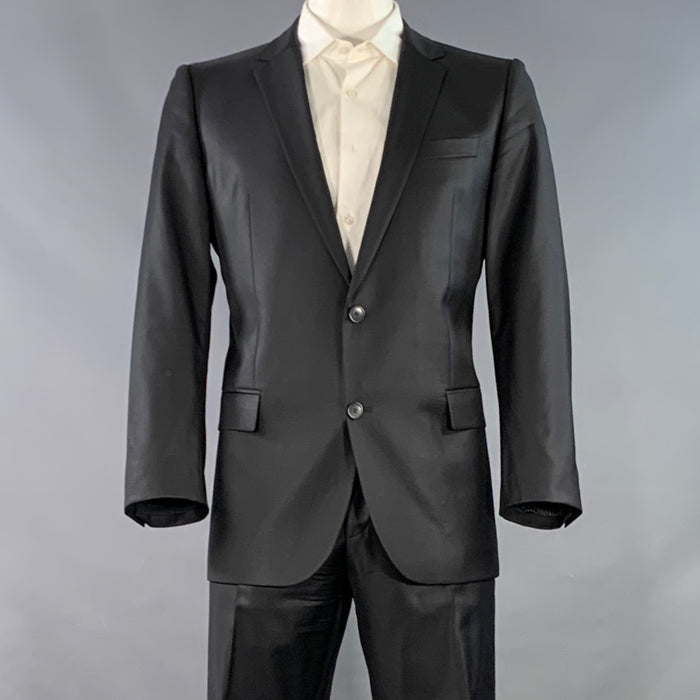 HUGO BOSS Size 44 Black Wool Single Breasted Notch Lapel Suit