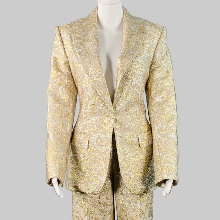 STELLA McCARTNEY Size 2 Metallic Gold Silver Polyamide Blend Jacquard Peak Lapel Pantsuit