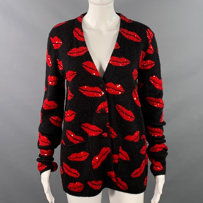 SAINT LAURENT 2016 Size S Black Red Lipstick Kisses Mohair Blend Sequined Cardigan