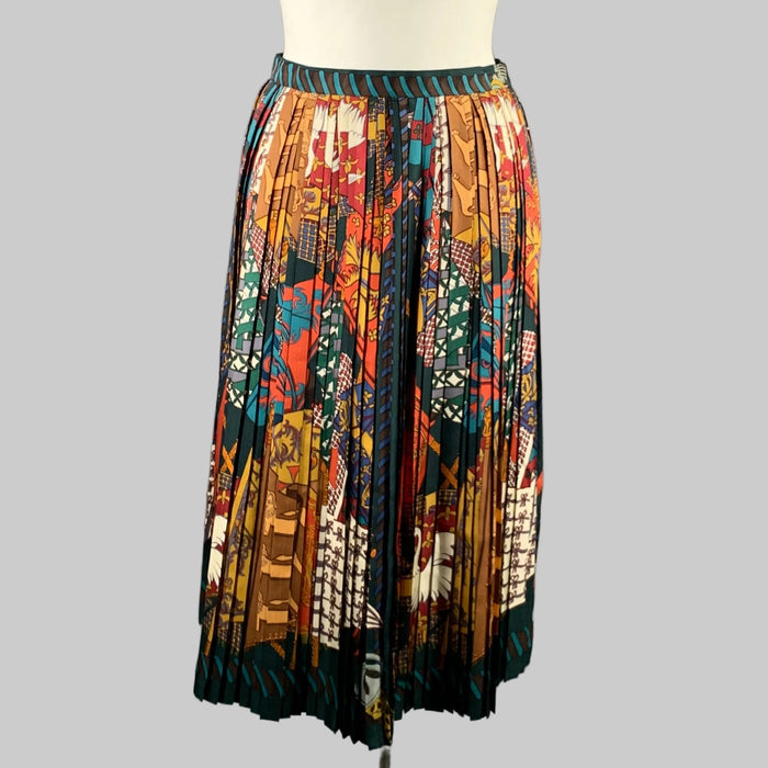 HERMES Size 12 Vintage Etendards Et Bannieres Silk Pleated Skirt