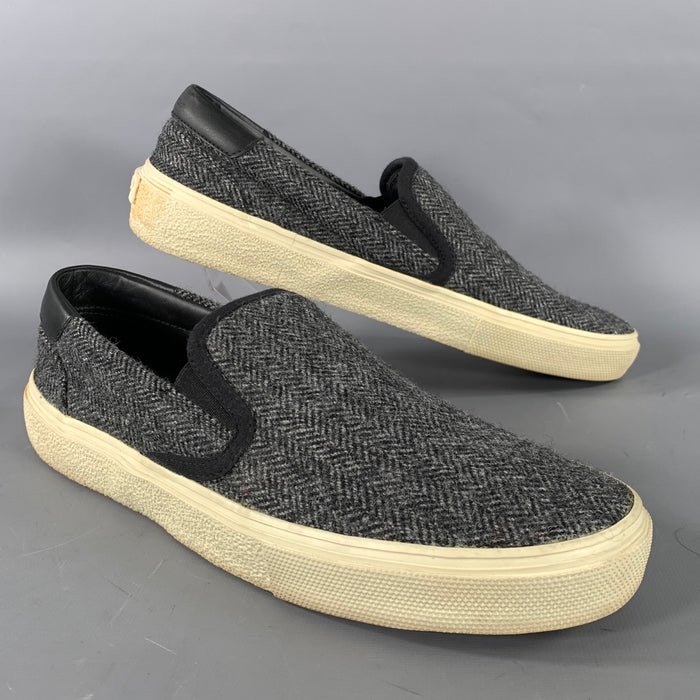 SAINT LAURENT Size 9 Grey Black Herringbone Wool Slip On Sneakers