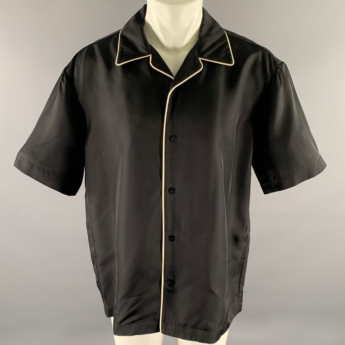 JIL SANDER Size M Black White Viscose Camp Short Sleeve Shirt