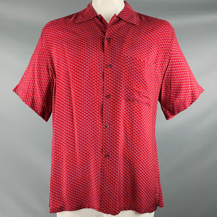 BRIONI Size L Burgundy Orange Blue Geometric Print Rayon Short Sleeve Shirt