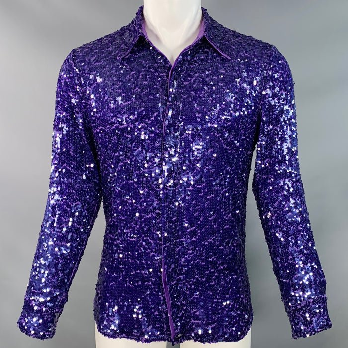 DRIES VAN NOTEN Size 38 Purple Sequined Viscose Hidden Buttons Long Sleeve Shirt