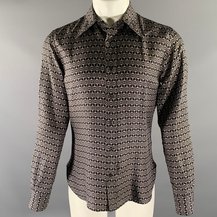 GUCCI Size S Black Grey Horsebit Silk Long Sleeve Shirt