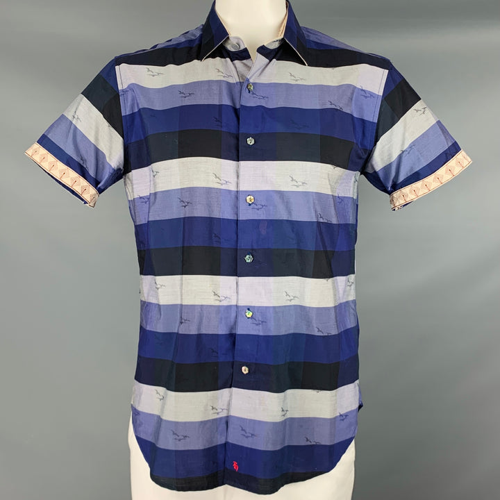 ROBERT GRAHAM Size L Blue Black Grey Stripe Cotton Short Sleeve Shirt