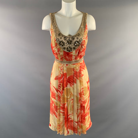 CARMEN MARC VALVO Size 6 Tan Coral Silk Floral Pleated Knee Length Dress
