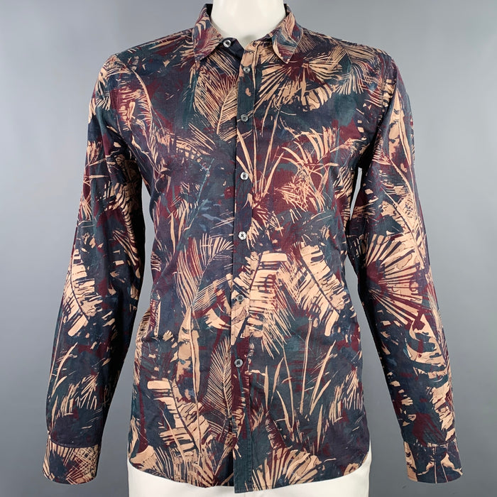 PS by PAUL SMITH Size XL Grey Beige Burgundy Leaves Long Sleeve Shirt