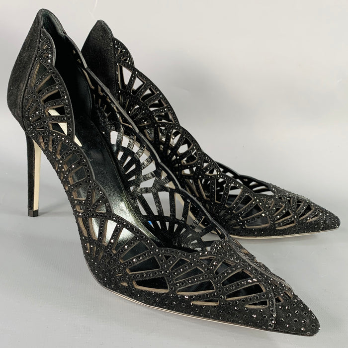 GIORGIO ARMANI Size 8 Black Suede Rhinestones Cutout Stiletto Pumps