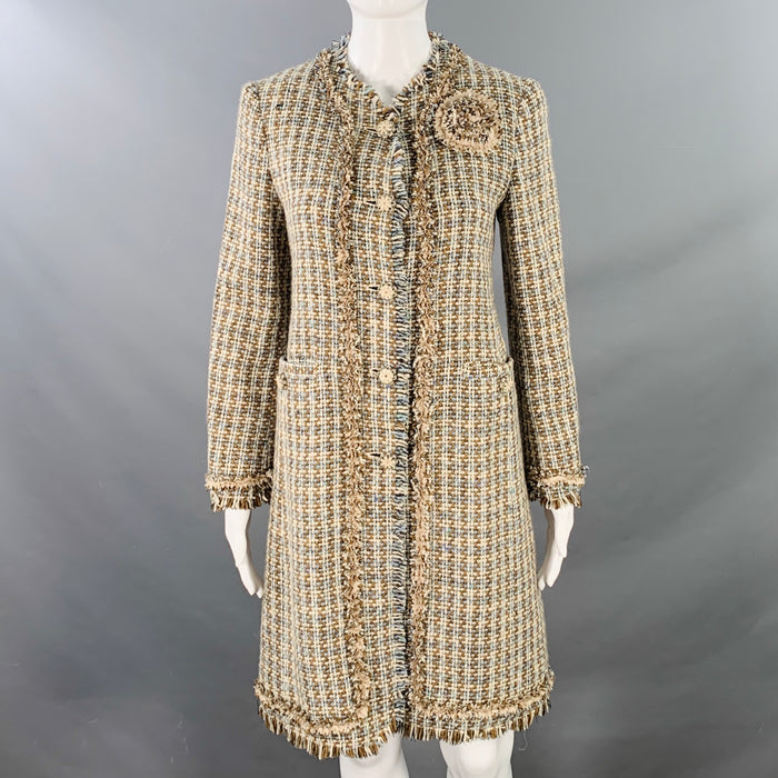 MOSCHINO Size 6 Brown Blue Cream Wool Woven Floral Embellishment Raw Edge Coat
