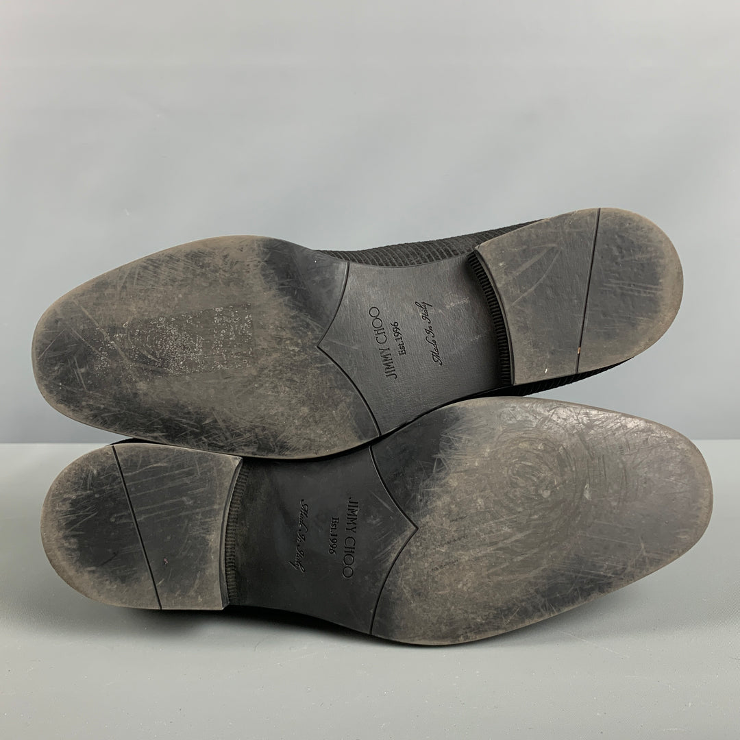 JIMMY CHOO Size 10.5 Black Stripe Suede Tassels Loafers