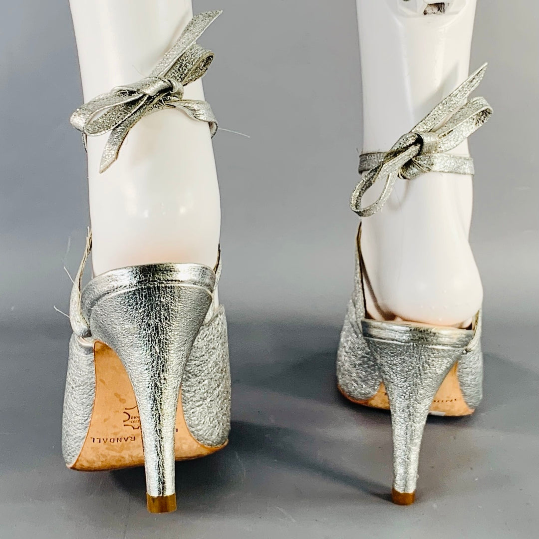 LOEFFLER RANDALL Size 8 Metallic Silver Crinkled Leather Ankle Strap Pumps