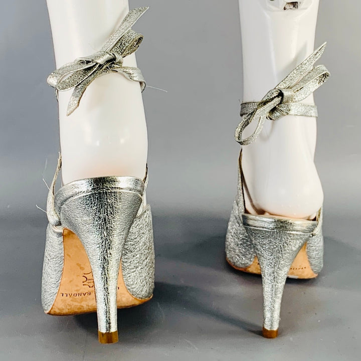 LOEFFLER RANDALL Size 8 Metallic Silver Crinkled Leather Ankle Strap Pumps