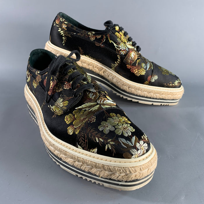 PRADA Size 11 Black Multi-Color Jacquard Floral Platform Laces
