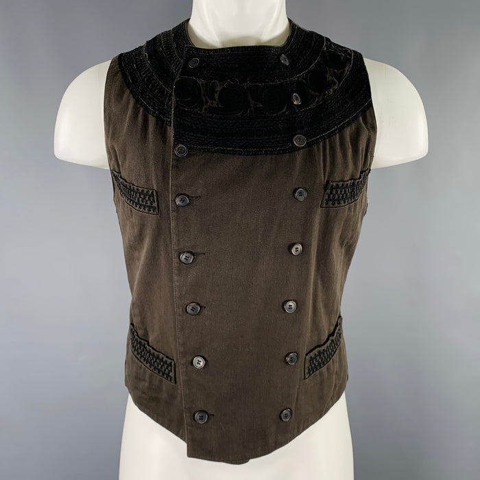 DRIES VAN NOTEN Size 40 Black Dark Green Cotton Blend Embroidery Vest