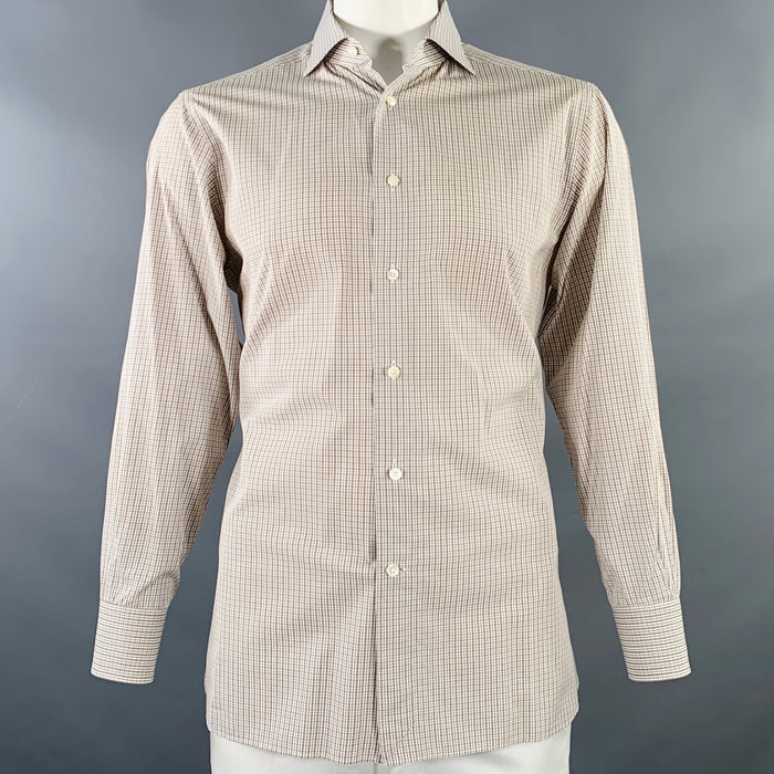 ERMENEGILDO ZEGNA Size L White Brown Checkered Cotton Slim Fit Long Sleeve Shirt