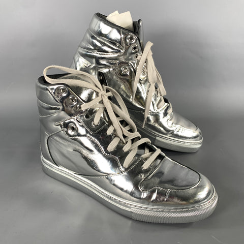 BALENCIAGA Size 7 Silver Metallic Leather High Top Sneakers