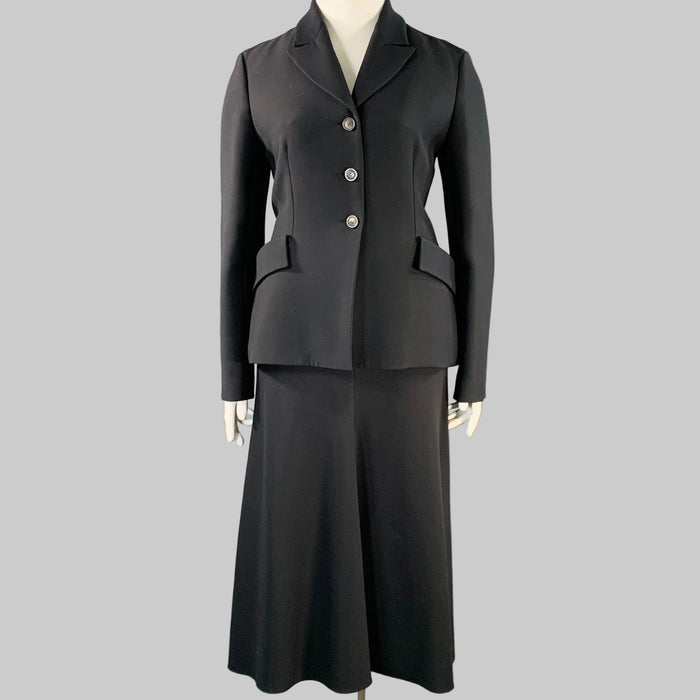 CHRISTIAN DIOR Taille XL Costume Jupe Midi en Laine et Soie Noir à Revers Crantés