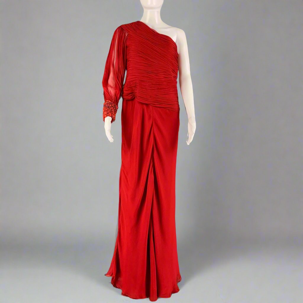 MONIQUE LHUILLIER Size M Red One Shoulder Gown – Sui Generis Designer  Consignment