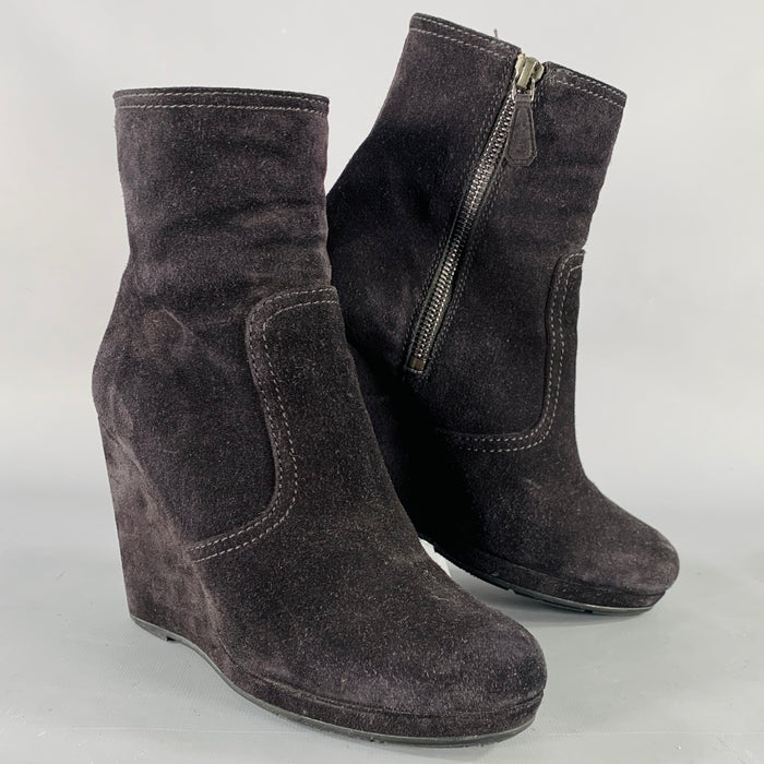 PRADA Size 7.5 Black Suede Wedge Ankle Boots