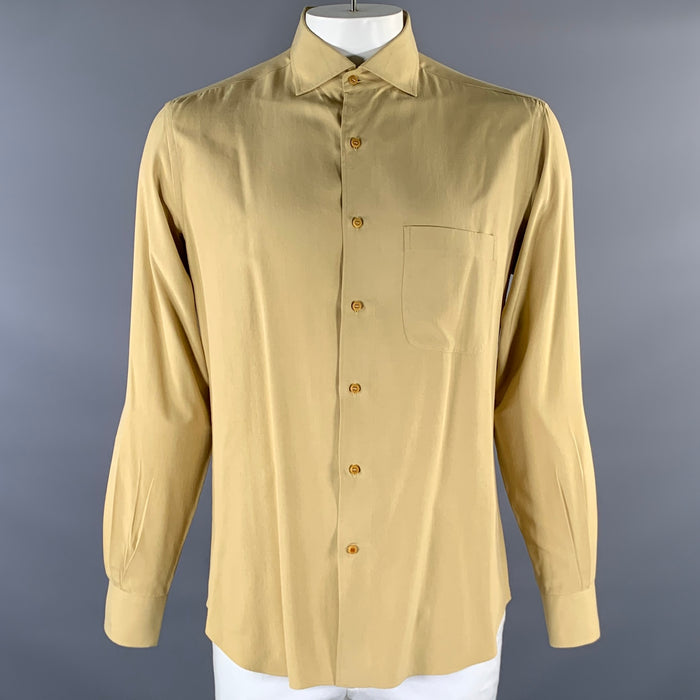 LORO PIANA Size L Camel Silk Spread Collar Long Sleeve Shirt