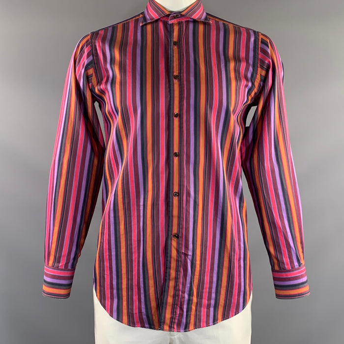 ETRO Size L Purple Pink & Orange Stripe Cotton Button Up Long Sleeve Shirt