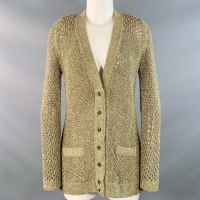 MARC JACOBS Size S Gold Nylon Metallic Knit Buttoned Cardigan