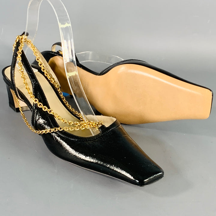 KHAITE Size 9.5 Marfa Black Gold Leather Crinkled Chain Slingback Pumps