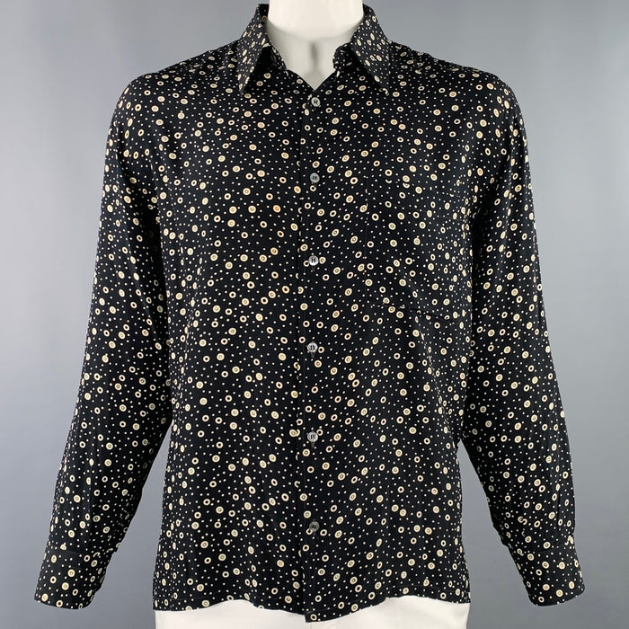 BRIONI Size XL Black Beige Dots Silk Button Up Long Sleeve Shirt