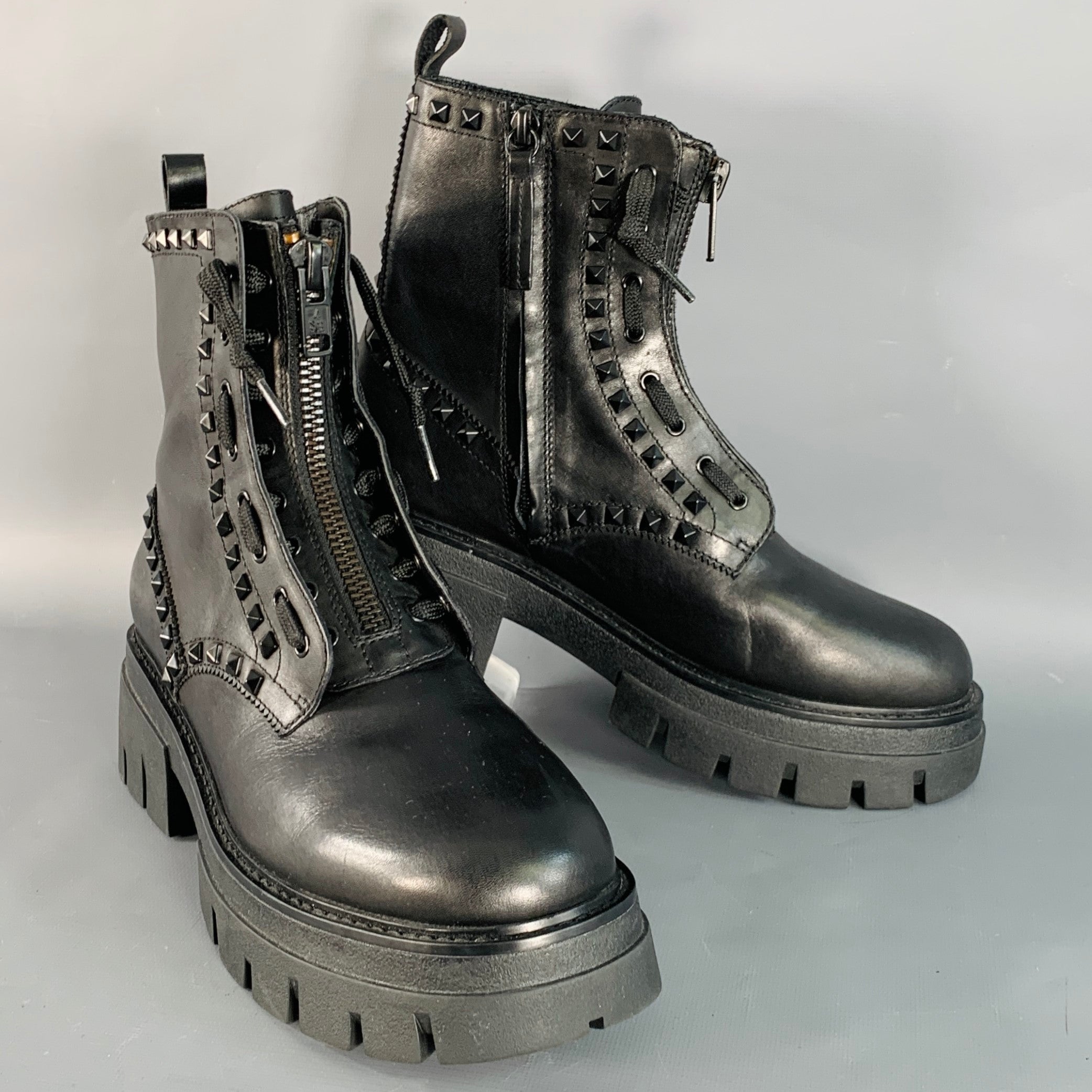 ASH Size 10 Lynch Studs Black Studded Leather Lug Sole Zip Up
