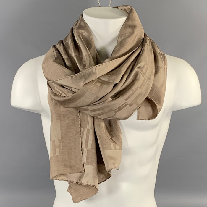 HERMES Beige Gold Logo Silk / Wool Scarves