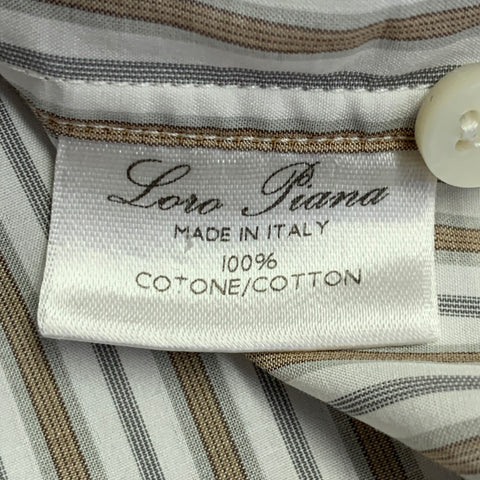 LORO PIANA Size L White Tan Grey Stripe Cotton One Pocket Long Sleeve Shirt