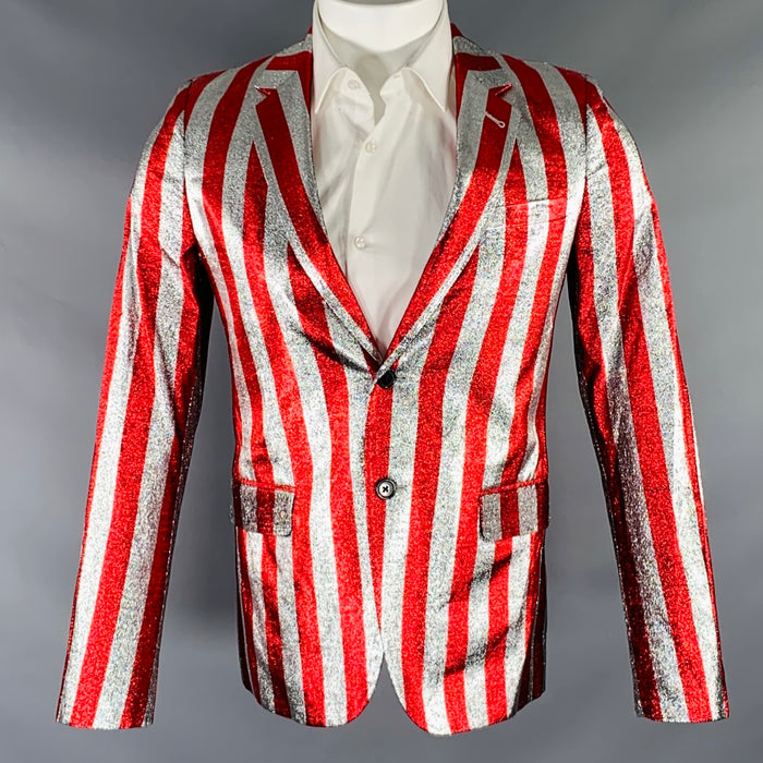SAINT LAURENT SS15 Size 34 Red Silver Stripe Viscose Blend Sport Coat