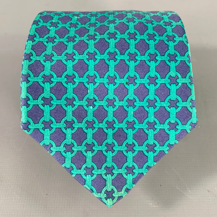 HERMES Navy Green Woven Chain Silk Tie