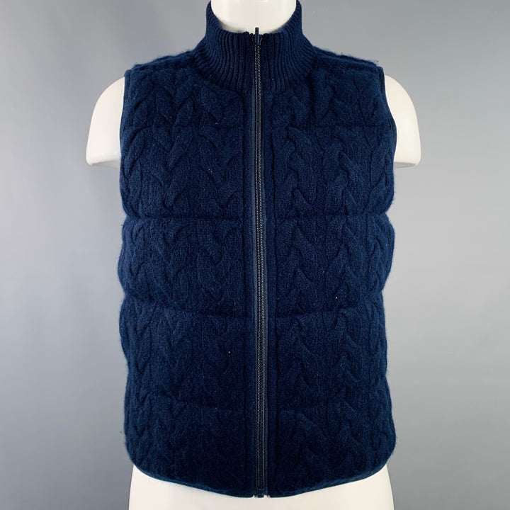 NO BRAND Size M Navy Cashmere Polyester Reversible Cable Knit Puffer Vest