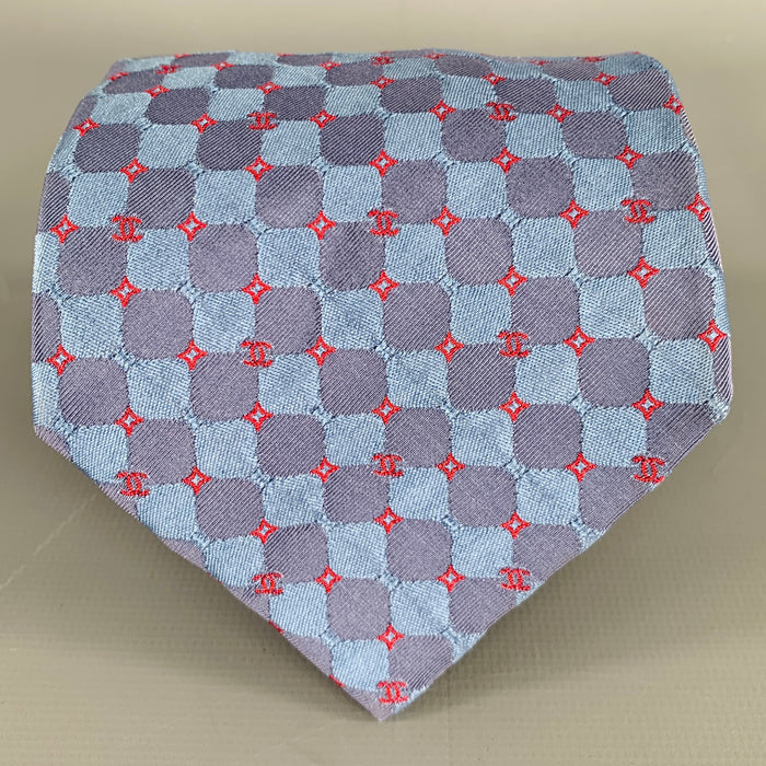 CHANEL Blue Red Squares CC Monogram Silk Tie