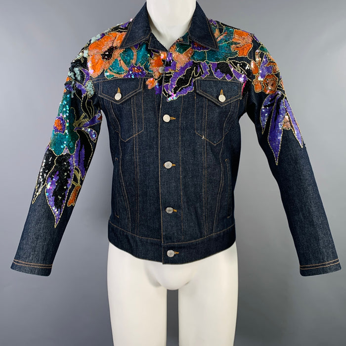 DRIES VAN NOTEN Size S Navy Multi Color Sequined Cotton Jacket