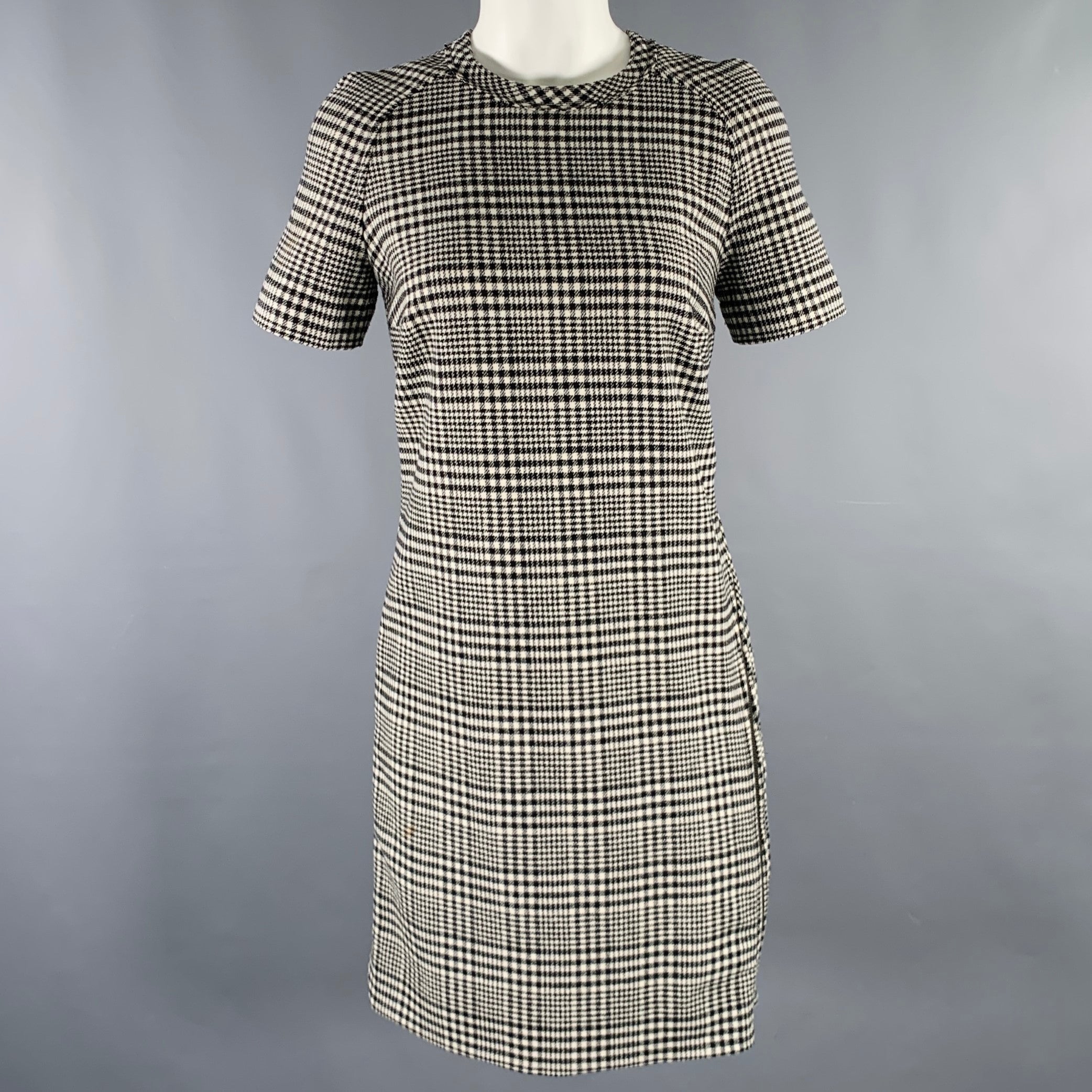 LANVIN Size 4 Black White Wool Blend Houndstooth Short Sleeve Dress Sui Generis Designer Consignment LANVIN Size 4 Black White Wool Blend Houndstooth Short Sleeve Dress Sui Generis Designer Consignment